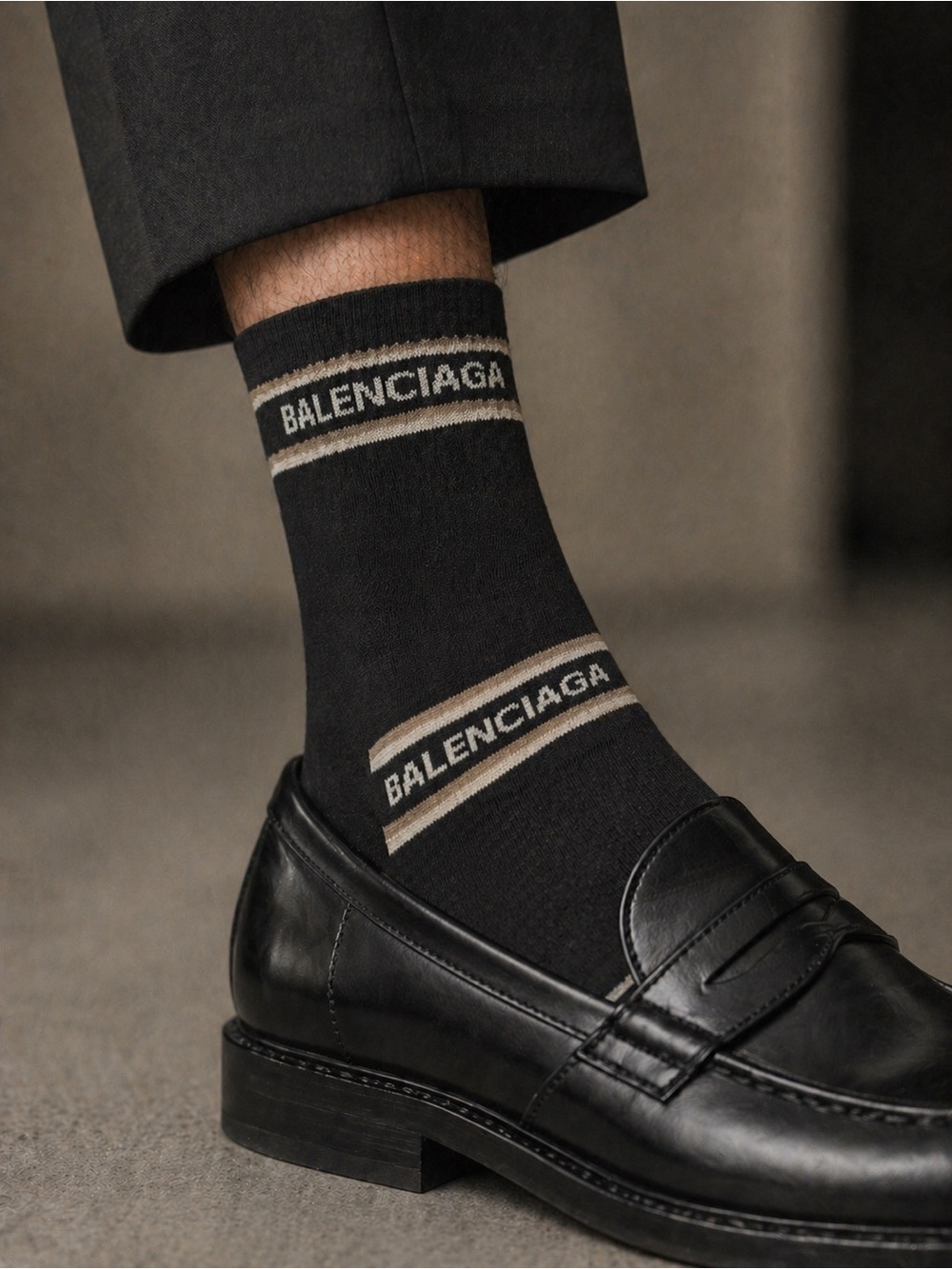 Balenciaga Black Crew Socks with Beige Logo Stripes